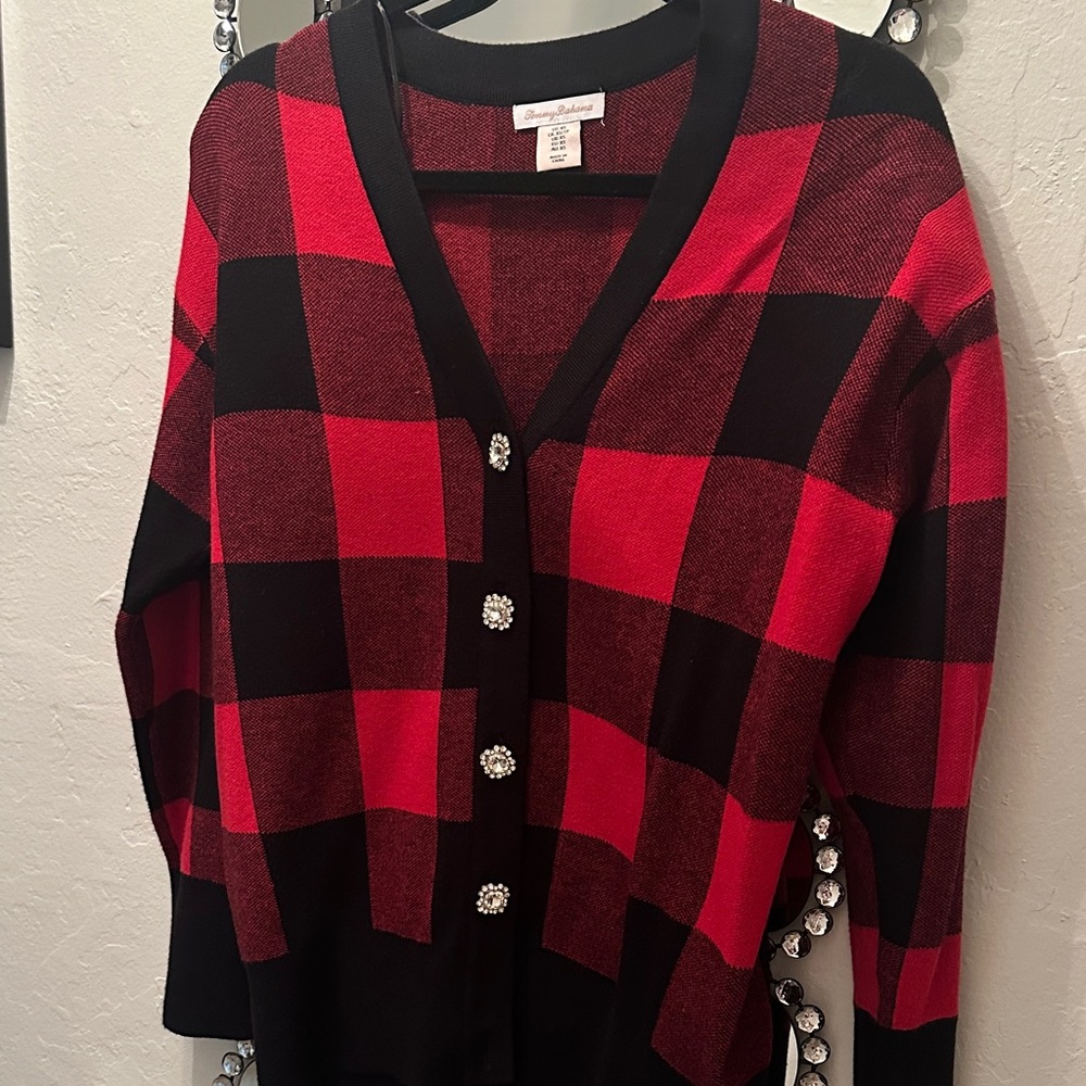 Tommy Bahama Red and Black Checkered Cardigan with Crystal Buttons EUC-XS - Picture 2 of 7